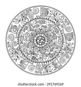 Ethnic mandala with decorative ornament, doodle fishes, wind and ships.