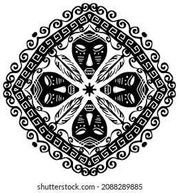 Ethnic  mandala Indian mask. Hand drawing illustration.