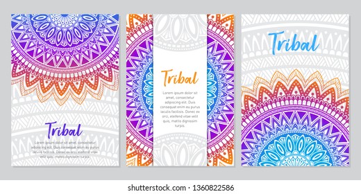 Ethnic Mandala ornament. Colorful ornamental ethnic banner set. Templates with doodle tribal mandalas. Vector illustration for congratulation or invitation. 