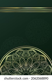 Ethnic mandala ornament. Ornamental ethnic banner. Green mandala background with golden pattern