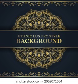 Ethnic mandala ornament. Ornamental ethnic banner. Dark mandala background with gold pattern.