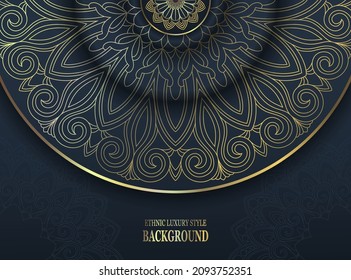 Ethnic mandala ornament. Ornamental ethnic banner. Dark mandala background with gold pattern.