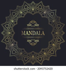 Ethnic mandala ornament. Ornamental ethnic banner. Dark mandala background with gold pattern.