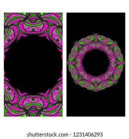 Ethnic Mandala ornament. Templates with floral frame. Vector illustration for congratulation or invitation. The front and rear side.