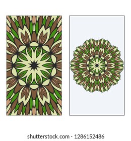Ethnic Mandala Ornament. Templates invitation card With Mandalas. Floral decoration. Vector illustration/ Green, brown color. Card Design For Banners, Greeting Cards, Gifts Tags