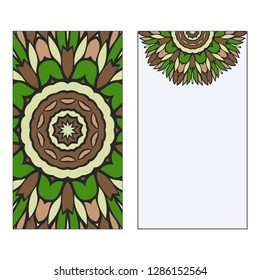 Ethnic Mandala Ornament. Templates invitation card With Mandalas. Floral decoration. Vector illustration Green, brown color. Card Design For Banners, Greeting Cards, Gifts Tags