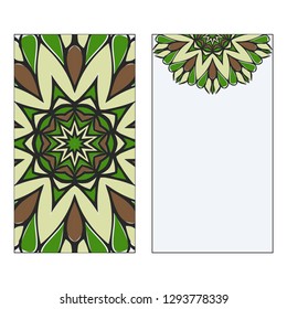 Ethnic Mandala Ornament. Templates invitation card With Mandalas. Floral decoration. Vector illustration/ Green, brown color. Card Design For Banners, Greeting Cards, Gifts Tags