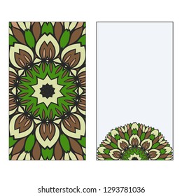 Ethnic Mandala Ornament. Templates invitation card With Mandalas. Floral decoration. Vector illustration/ Green, brown color. Card Design For Banners, Greeting Cards, Gifts Tags