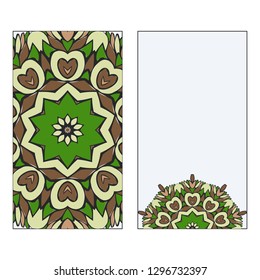 Ethnic Mandala Ornament. Templates invitation card With Mandalas. Floral decoration. Vector illustration/ Green, brown color. Card Design For Banners, Greeting Cards, Gifts Tags