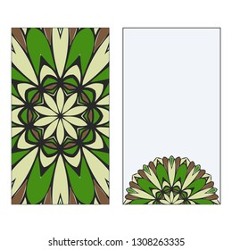 Ethnic Mandala Ornament. Templates invitation card With Mandalas. Floral decoration. Vector illustration Green, brown color. Card Design For Banners, Greeting Cards, Gifts Tags