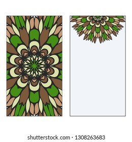 Ethnic Mandala Ornament. Templates invitation card With Mandalas. Floral decoration. Vector illustration Green, brown color. Card Design For Banners, Greeting Cards, Gifts Tags