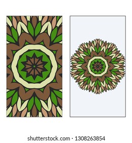 Ethnic Mandala Ornament. Templates invitation card With Mandalas. Floral decoration. Vector illustration Green, brown color. Card Design For Banners, Greeting Cards, Gifts Tags