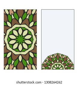 Ethnic Mandala Ornament. Templates invitation card With Mandalas. Floral decoration. Vector illustration Green, brown color. Card Design For Banners, Greeting Cards, Gifts Tags