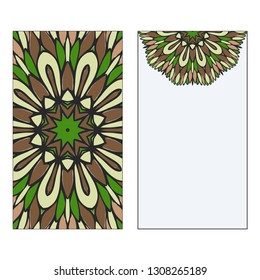 Ethnic Mandala Ornament. Templates invitation card With Mandalas. Floral decoration. Vector illustration Green, brown color. Card Design For Banners, Greeting Cards, Gifts Tags