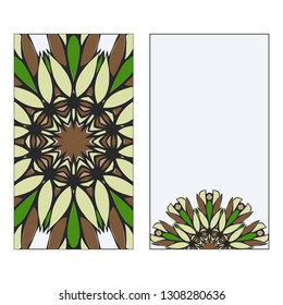 Ethnic Mandala Ornament. Templates invitation card With Mandalas. Floral decoration. Vector illustration Green, brown color. Card Design For Banners, Greeting Cards, Gifts Tags