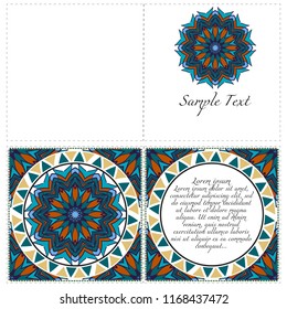 Ethnic Mandala ornament. Templates with mandalas. Vector illustration for congratulation or invitation. The front and rear side