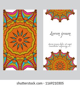 Ethnic Mandala ornament. Templates with mandalas. Vector illustration for congratulation or invitation. The front and rear side.