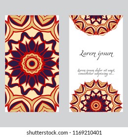 Ethnic Mandala ornament. Templates with mandalas. Vector illustration for congratulation or invitation. The front and rear side.