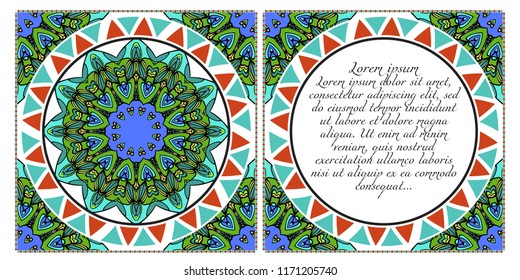Ethnic Mandala ornament. Templates with mandalas. Vector illustration for congratulation or invitation. The front and rear side.
