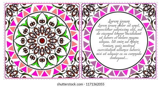 Ethnic Mandala ornament. Templates with mandalas. Vector illustration for congratulation or invitation. The front and rear side.
