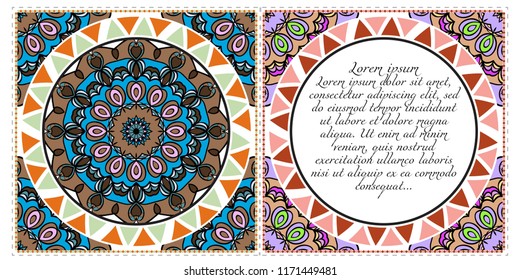 Ethnic Mandala ornament. Templates with mandalas. Vector illustration for congratulation or invitation. The front and rear side.