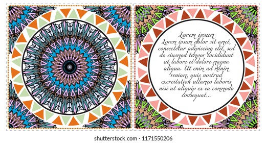 Ethnic Mandala ornament. Templates with mandalas. Vector illustration for congratulation or invitation. The front and rear side.