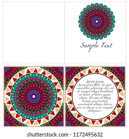 Ethnic Mandala ornament. Templates with mandalas. Vector illustration for congratulation or invitation. The front and rear side.