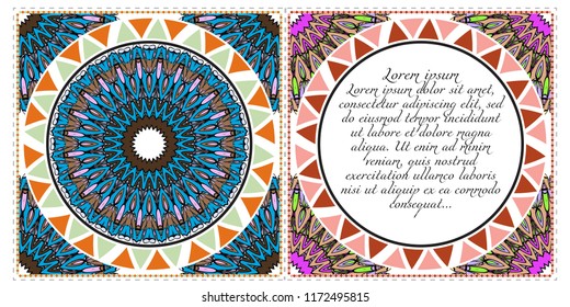 Ethnic Mandala ornament. Templates with mandalas. Vector illustration for congratulation or invitation. The front and rear side.