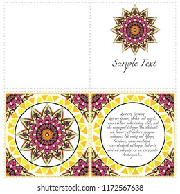 Ethnic Mandala ornament. Templates with mandalas. Vector illustration for congratulation or invitation. The front and rear side.