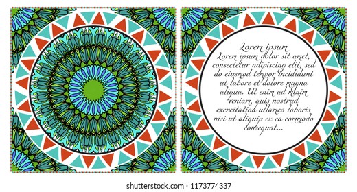 Ethnic Mandala ornament. Templates with mandalas. Vector illustration for congratulation or invitation. The front and rear side.