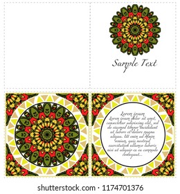 Ethnic Mandala ornament. Templates with mandalas. Vector illustration for congratulation or invitation. The front and rear side.