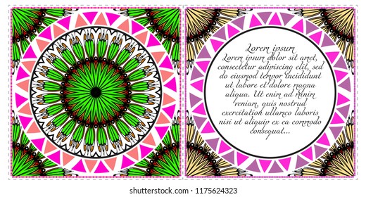 Ethnic Mandala ornament. Templates with mandalas. Vector illustration for congratulation or invitation. The front and rear side.