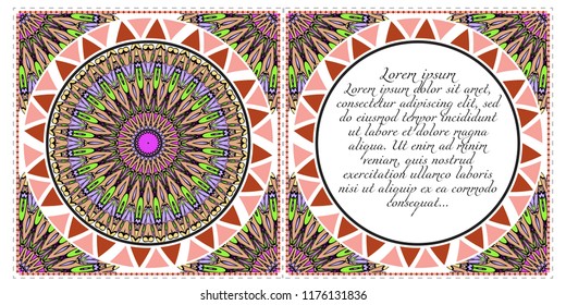 Ethnic Mandala ornament. Templates with mandalas. Vector illustration for congratulation or invitation. The front and rear side.