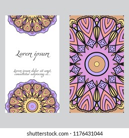 Ethnic Mandala ornament. Templates with mandalas. Vector illustration for congratulation or invitation. The front and rear side.