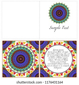 Ethnic Mandala ornament. Templates with mandalas. Vector illustration for congratulation or invitation. The front and rear side.