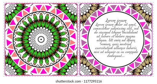 Ethnic Mandala ornament. Templates with mandalas. Vector illustration for congratulation or invitation. The front and rear side.
