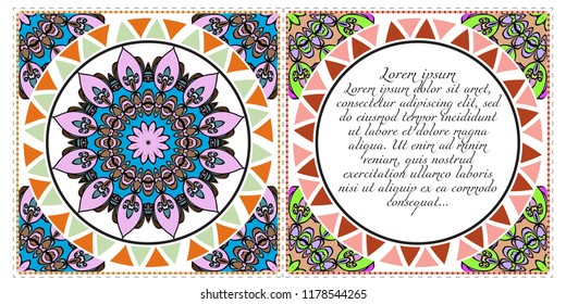 Ethnic Mandala ornament. Templates with mandalas. Vector illustration for congratulation or invitation. The front and rear side.