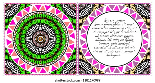 Ethnic Mandala ornament. Templates with mandalas. Vector illustration for congratulation or invitation. The front and rear side.