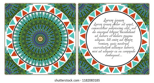 Ethnic Mandala ornament. Templates with mandalas. Vector illustration for congratulation or invitation. The front and rear side.