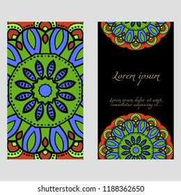Ethnic Mandala ornament. Templates with mandalas. Vector illustration for congratulation or invitation. The front and rear side.