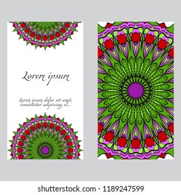Ethnic Mandala ornament. Templates with mandalas. Vector illustration for congratulation or invitation. The front and rear side.