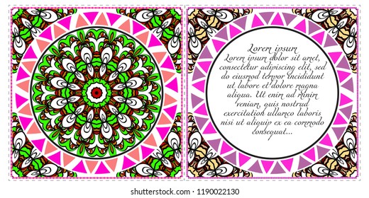 Ethnic Mandala ornament. Templates with mandalas. Vector illustration for congratulation or invitation. The front and rear side.