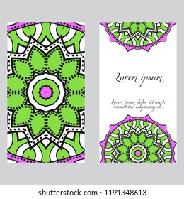 Ethnic Mandala ornament. Templates with mandalas. Vector illustration for congratulation or invitation. The front and rear side.