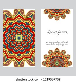 Ethnic Mandala ornament. Templates with mandalas. Vector illustration for congratulation or invitation. The front and rear side.