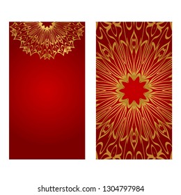 Ethnic Mandala Ornament. Templates With Mandalas. Vector Illustration For Congratulation Or Invitation. The Front And Rear Side. Luxury red, gold color.