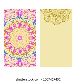 Ethnic Mandala Ornament. Templates With Mandalas. Vector Illustration For Congratulation Or Invitation. The Front And Rear Side. Rainbow, yellow color.