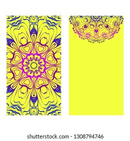 Ethnic Mandala Ornament. Templates With Mandalas. Vector Illustration For Congratulation Or Invitation. The Front And Rear Side. Yellow, rainbow color.