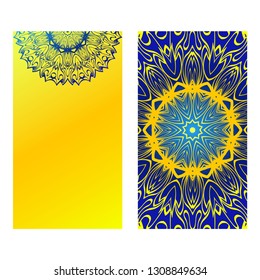 Ethnic Mandala Ornament. Templates With Mandalas. Vector Illustration For Congratulation Or Invitation. The Front And Rear Side. Yellow blue color.