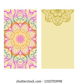 Ethnic Mandala Ornament. Templates With Mandalas. Vector Illustration For Congratulation Or Invitation. The Front And Rear Side. Rainbow, yellow color.