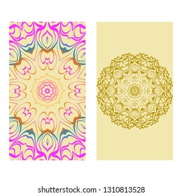 Ethnic Mandala Ornament. Templates With Mandalas. Vector Illustration For Congratulation Or Invitation. The Front And Rear Side. Rainbow, yellow color.